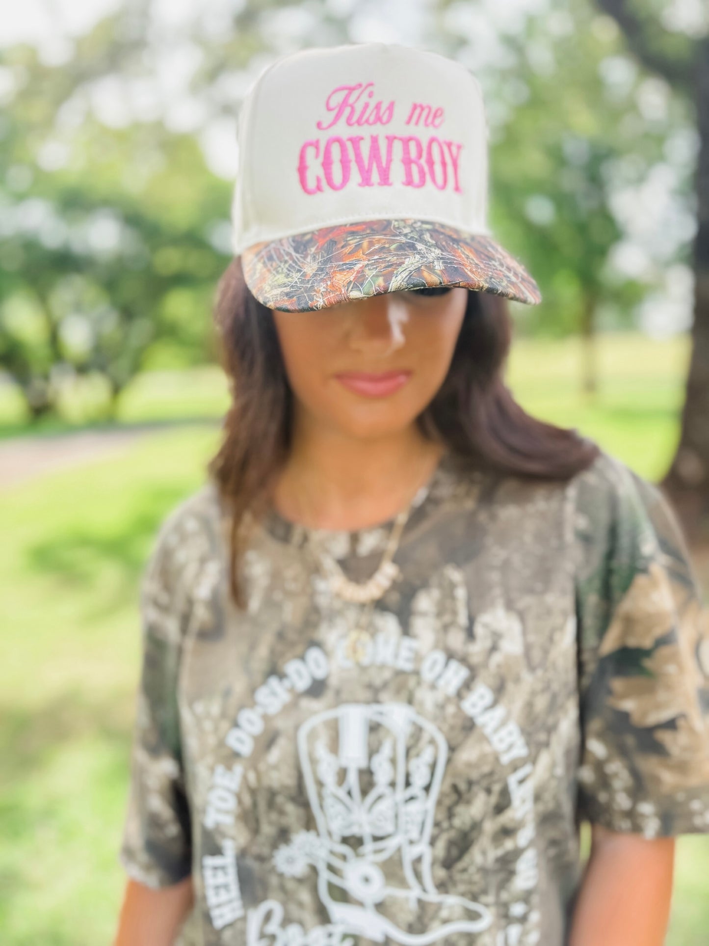 Kiss Me Cowboy Embroidery Camo Hat - pink