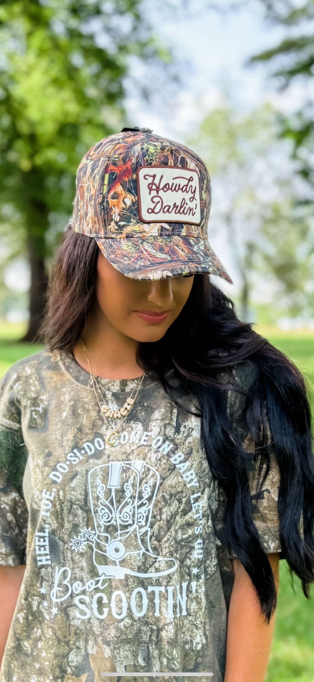 Howdy Darlin' Embroidery Patch Camo Trucker Hat - all brown camo