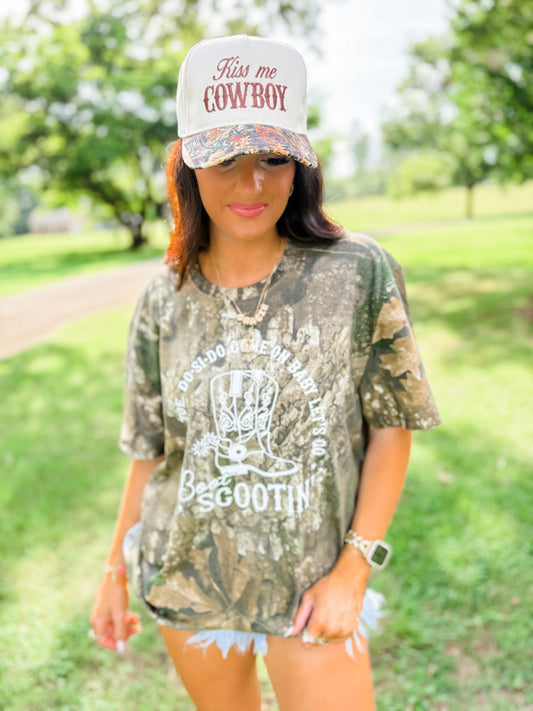 Kiss Me Cowboy Embroidery Camo Hat - brown